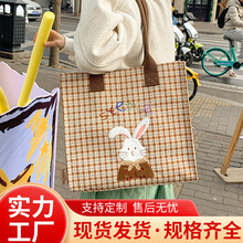 卡通兔子竖条纹托特包包女新款尼龙布百搭大容量单肩包上课帆布袋