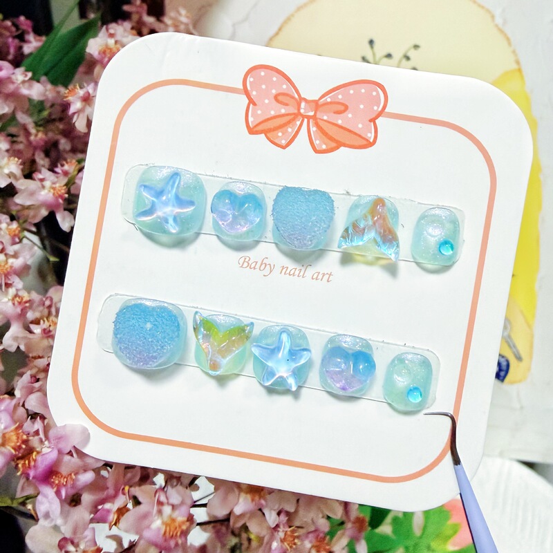 Children's 3D Cartoon Mermaid Princess Style Baby Nails - Blue Ocean Stars, Fish Tail, Heart-Shaped Baby Nails Children's 3D Cartoon Mermaid Princess Style Baby Nails - Blue Ocean Stars, Fish Tail, Heart-Shaped Baby Nails