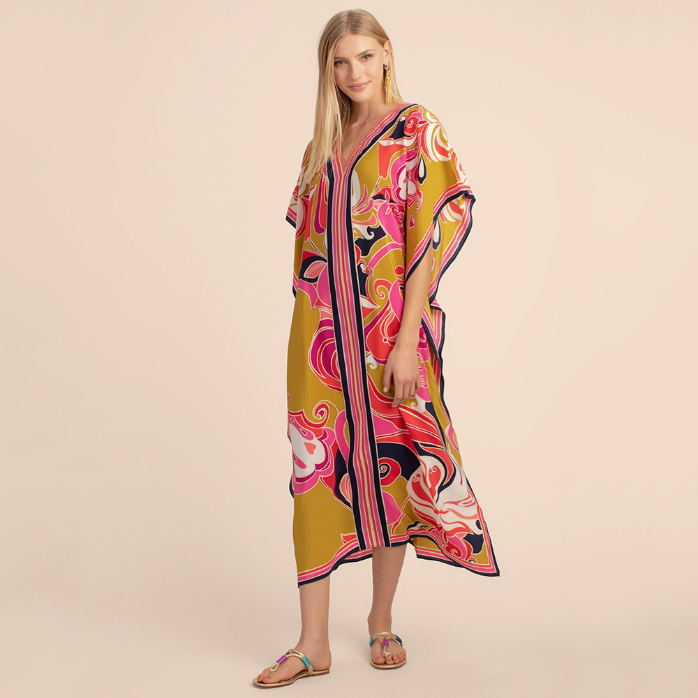 5D203 Falda de playa de vacaciones con estampado de crepé de flores europeas y americanas Falda larga suelta junto al mar Camisa de protección solar de bikini