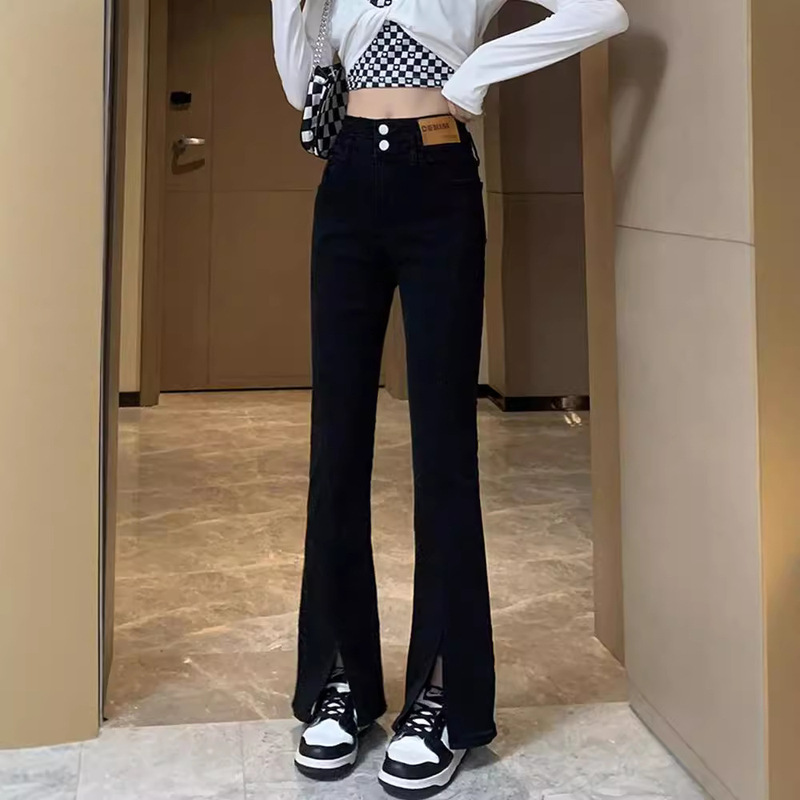 Thickened fleece-lined Jeans Women's Double Buckle Design Loose New Slimming All-match Hem Split Stretch Spicy Pants