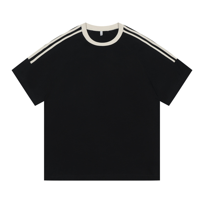 Heavy Weight 260g Pure Cotton Double Yarn Three Stripes Off-Shoulder Short-Sleeved Summer Tops for Men and Women American Trendyy Couple T-Shirts