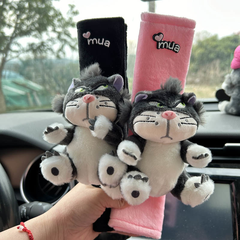 Car Seat Belt Shoulder Cover Women's Cute Pink Plush Lucifer Cat Anti-Ripper Neck Safety Belt Car Interior Decoration