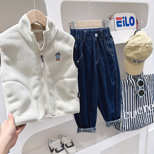 Boys Alpaca Cartoon Vest  Autumn and Winter Children's Clothes Children's Velvet Vest Thickened Zipper Jacket Waistcoat