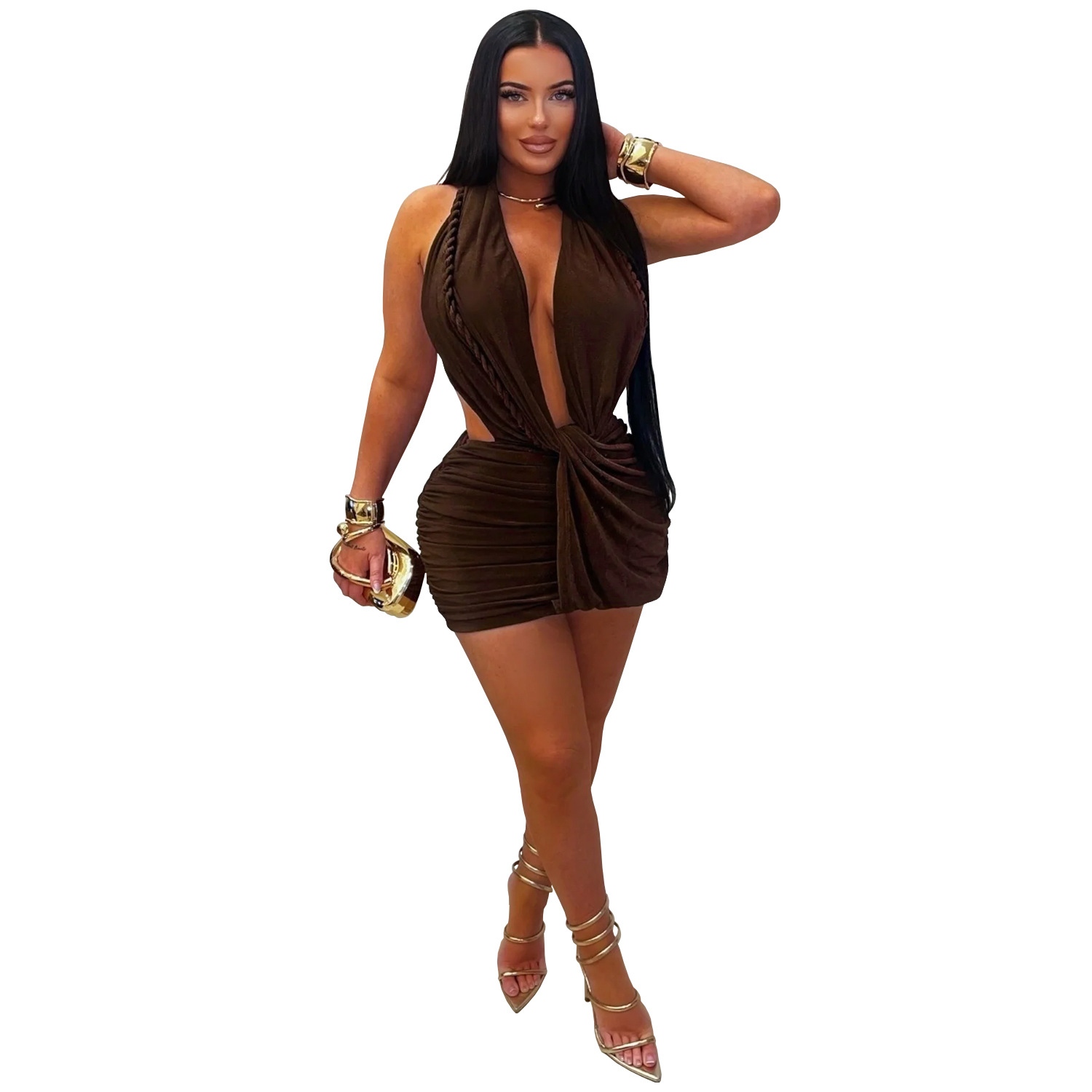 C7771 transfronterizo 2026 nueva ropa de mujer sexy profunda V cuello colgante bolsa de cadera vestido corto de cabina caliente vestido de color sólido image 8