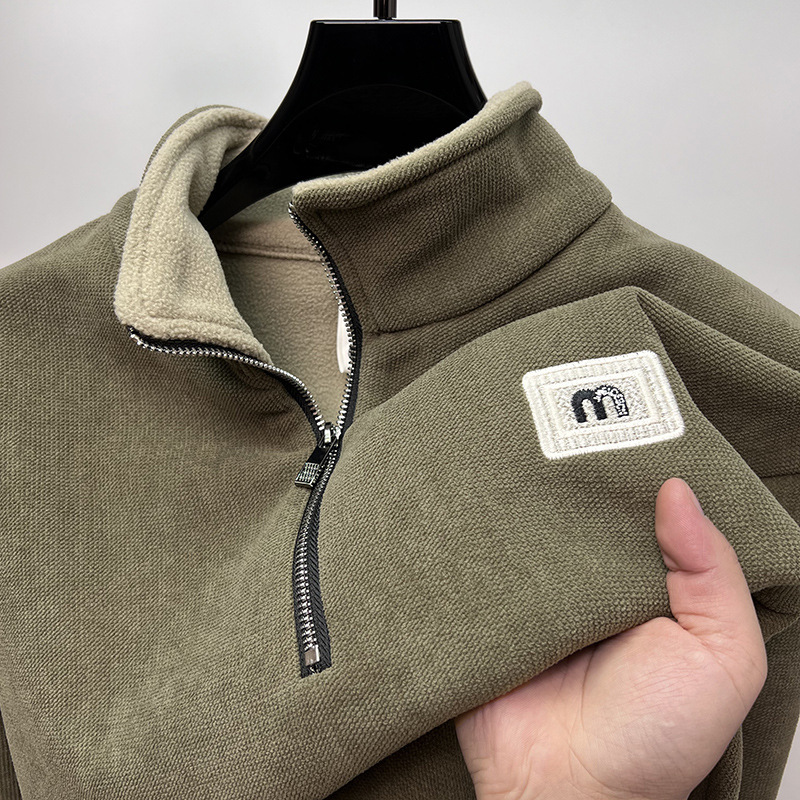 Brand Half Zipper fleece-lined Thickened Sports Sweater Men's Autumn and Winter Warm Half High Collar Base Shirt T-shirt Long Sleeve Top