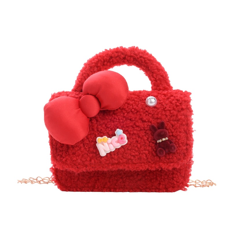 2026 Año Nuevo de primavera bolsos rojos para niños lindos bolsos de peluche mini arco bolsos de cadena de niña