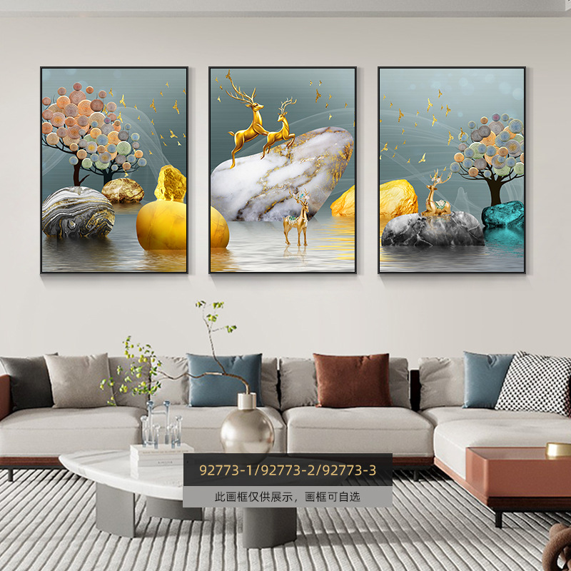 Pintura de decoración de la sala de estar moderna de lujo ligera Fukuyan atmósfera tripartita mural significa un buen fondo de sofá pintura colgante de pared