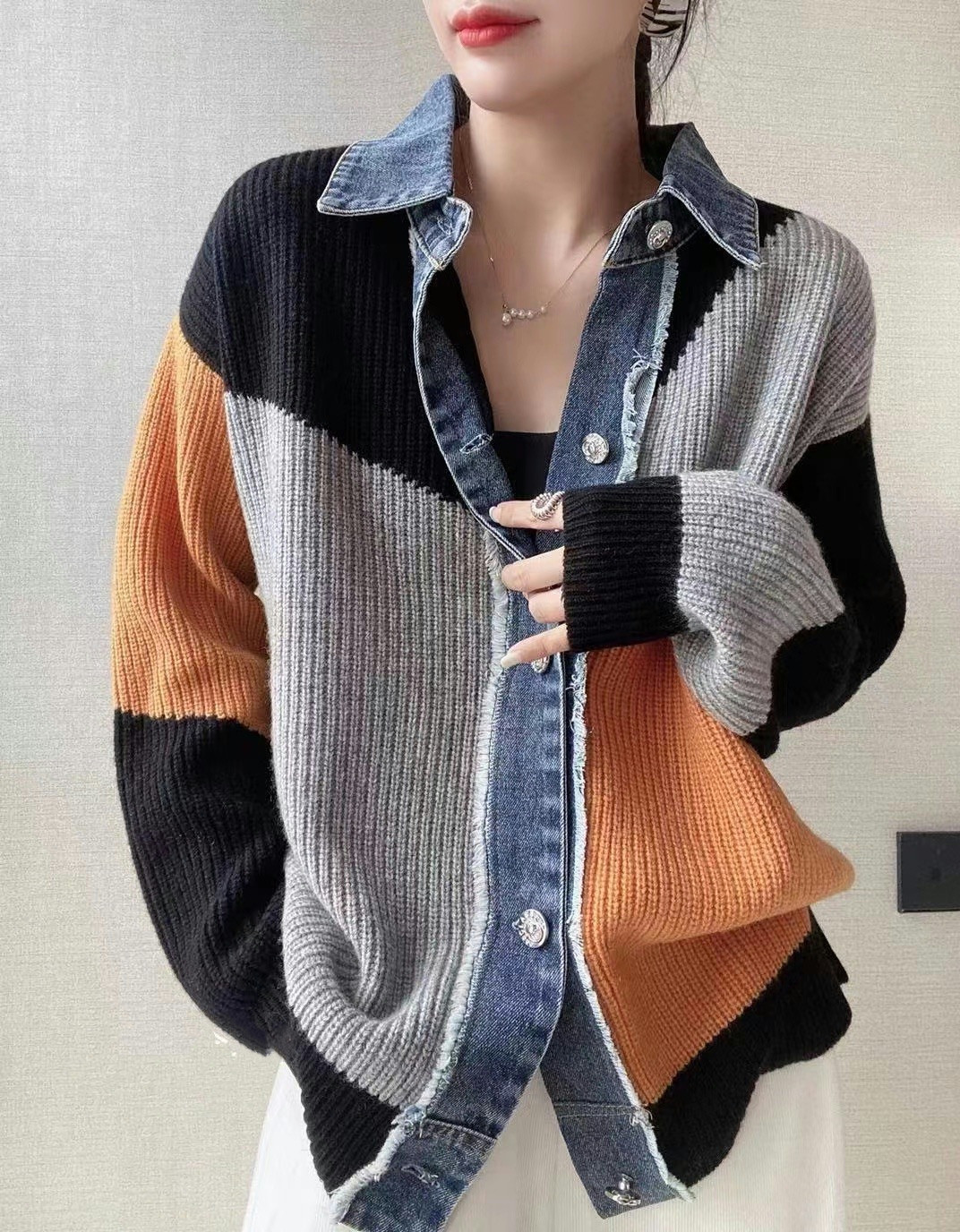 Women's Clothing 2023 autumn new version long sleeved lapel color matching two piece cardigan women's jacket denim_voghion.com