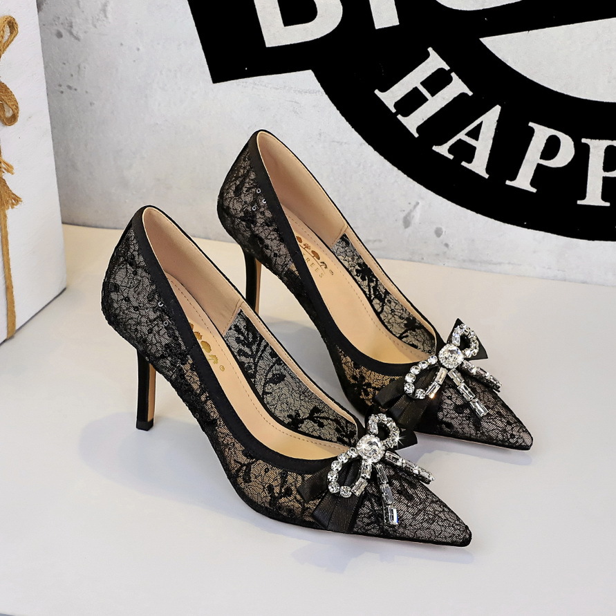 1963-H133 European And American Sexy Stiletto High-heeled For Women, Lace Mesh With Rhinestone Bow, Pointed Toe, Elegant_vogvips.com