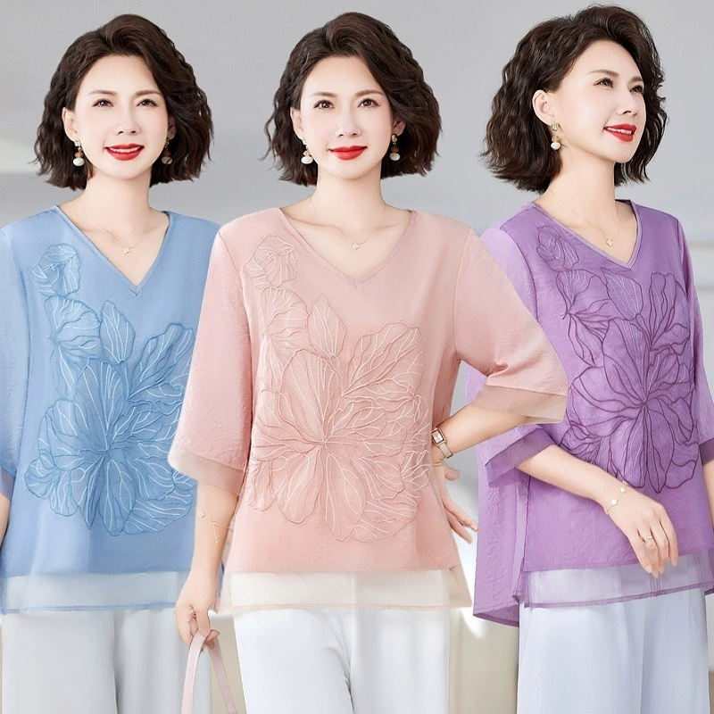 Летняя рубашка для матери среднего возраста, ретро-футболка с v-образным вырезом и вышивкой из рами, женские свободные топы со средним рукавом для женщин среднего и пожилого возраста