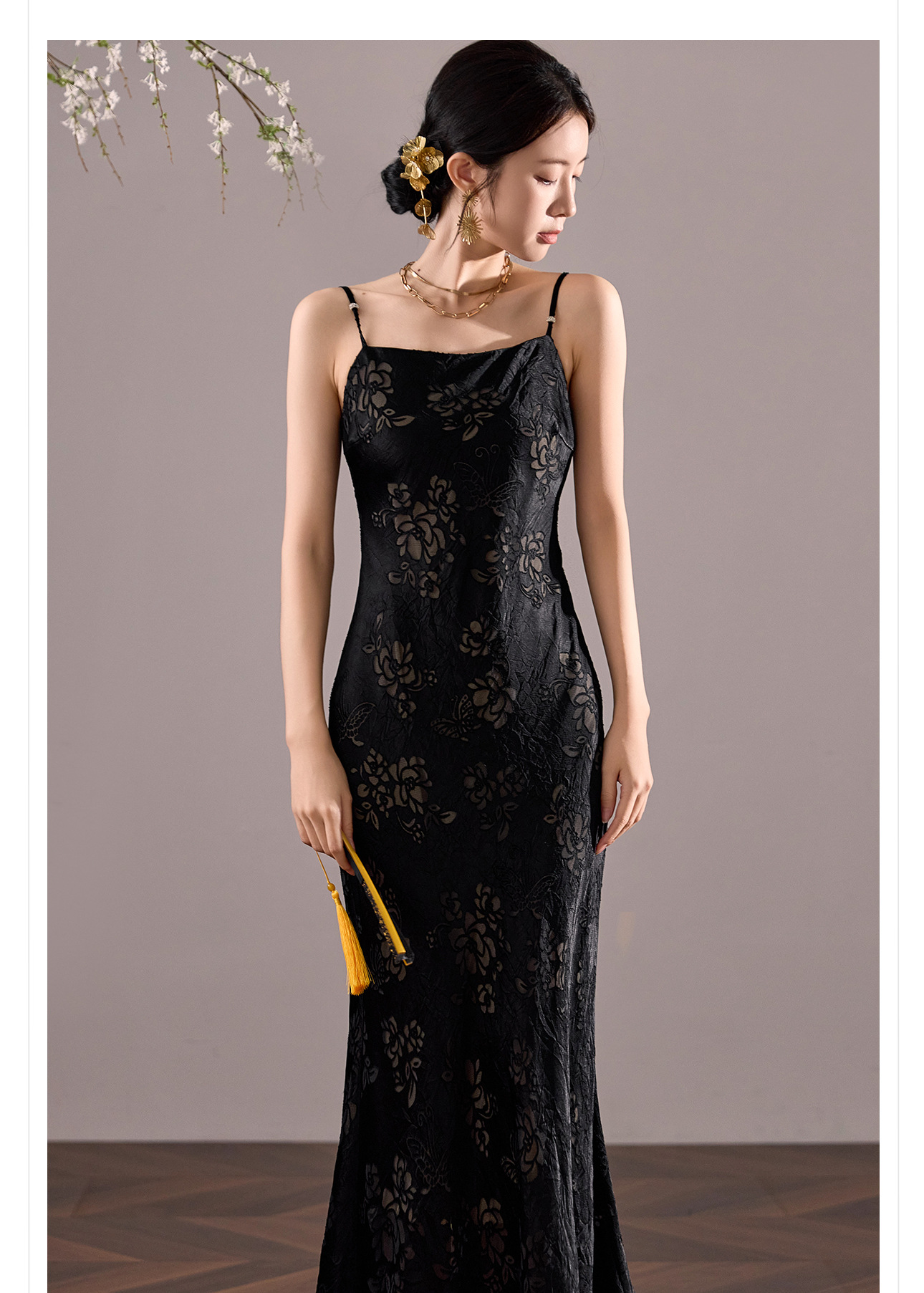 Đầm maxi nữ quốc phong dây mảnh chữ A dáng dài thắt eo — màu đen chi tiết 6