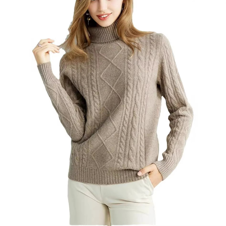 Suéter de lana para mujer, otoño e invierno, jersey de cuello alto, talla grande, grueso, sencillo y versátil, suéter con patrón trenzado, estilo británico.