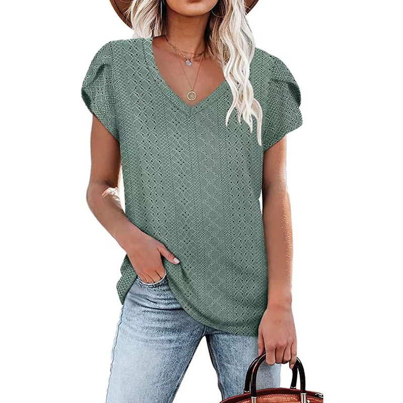 Women's T-Shirt V-Neck Summer Eyelet Petal Sleeve Formal Casual Top