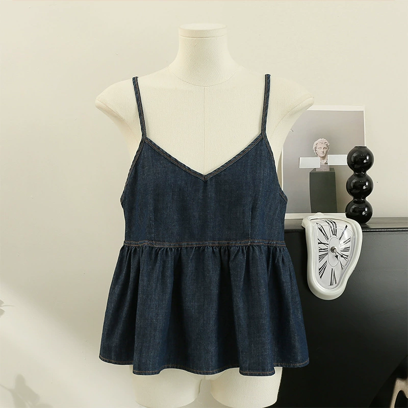 Ретро джинсовый камзол жилет женский летний новый дизайн чувство нишой снаружи носить тонкий короткий сладкий пряный топ без рукавов