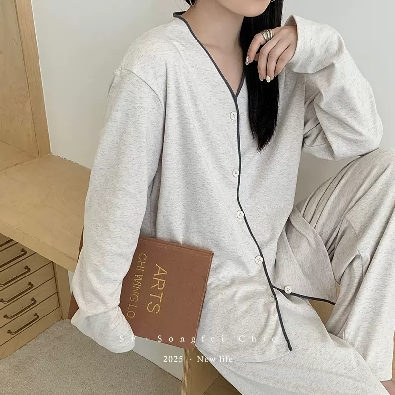 秋冬新款简约女士长袖裤开衫睡衣套装宽松慵懒可外穿家居服两件套