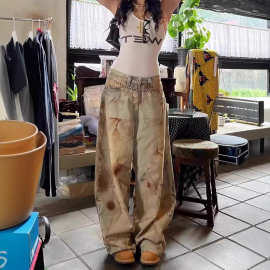 美式高街废土风黄泥扎染牛仔裤女春秋新款辣妹做旧水洗脏脏拖地裤
