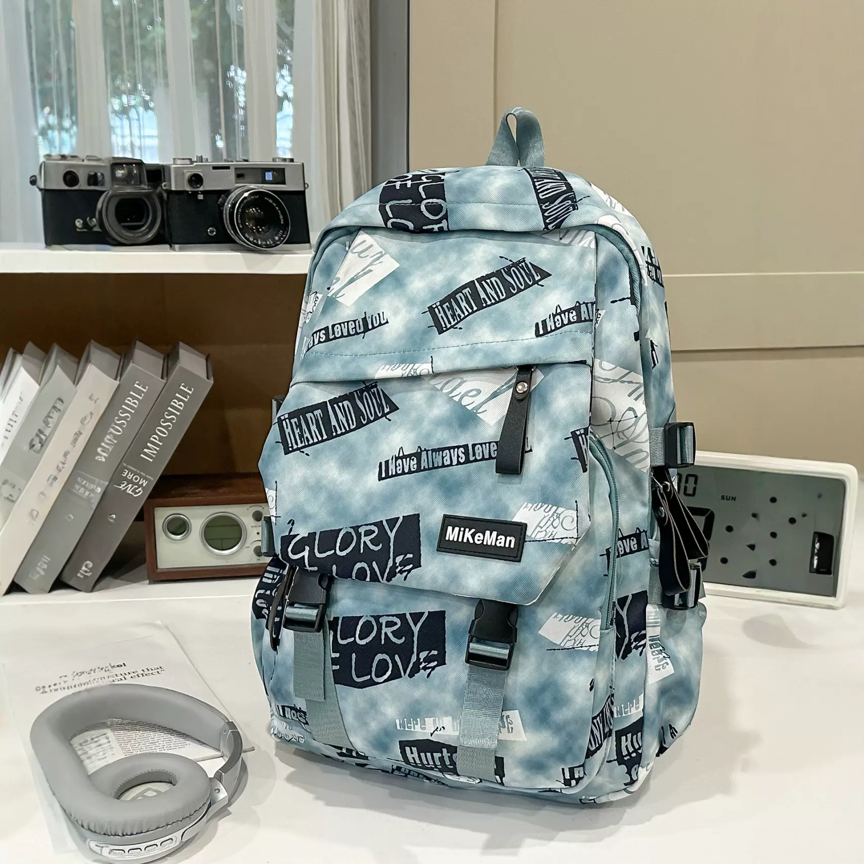 新款ins风潮酷双肩包大容量涂鸦背包休闲大学生初高中学生书包男