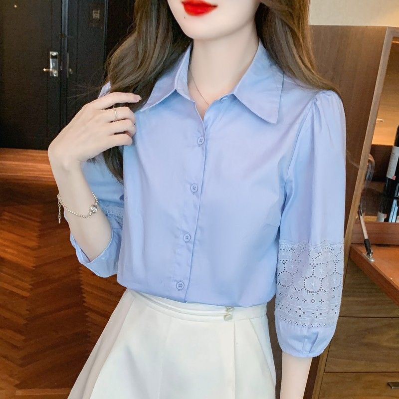 2025 봄과 여름 새로운 여성 퍼프 슬리브 코튼 셔츠 여성 느슨한 배꼽 덮는 7부 소매 탑 유행