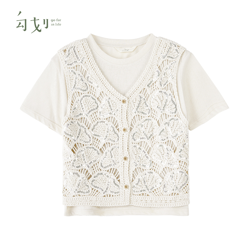 25 Years of Summer New Retro Heavy Hook Flower Cut Out V Neck Knitted Vest Short-Sleeved T-Shirt for Women