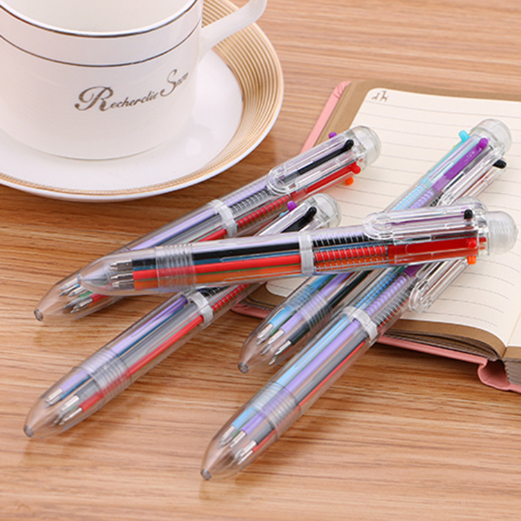 韩国创意透明6色圆珠笔 可爱卡通多色笔多功能按动彩色油性笔