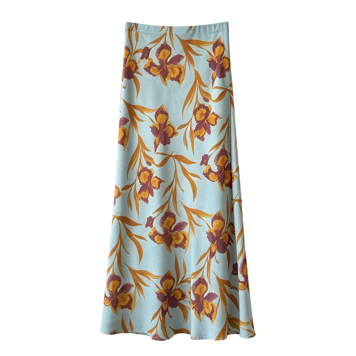 French Iris Floral Print Midi Skirt For Women, High-Waisted Flowy A-Line Chiffon Skirt With Mermaid Hem For Summer_ecoleips.com