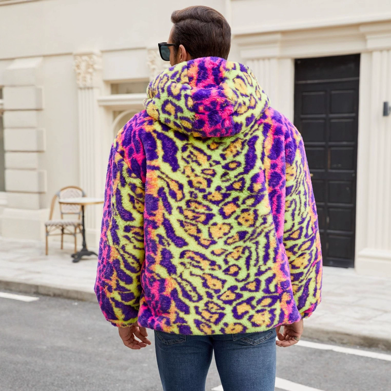 Мужское пальто в леопардовый принт, fashion, имитация меха, яркое плюшевое леопардовое пальто