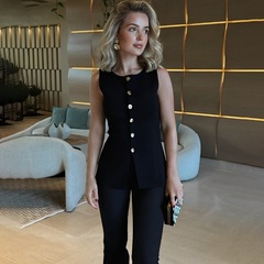 2025新型春夏欧米婦人服金属ボタン開叉ニットベスト修身馬甲対外貿易上着カーディガン