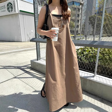 外贸新品日本乐天亚麻连衣裙夏季高个子休闲气质显瘦通勤吊带长裙