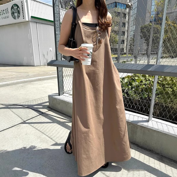 New Foreign Trade Japanese Rakuten Linen Dress Summer Tall Casual Elegant Slimming Commuter Strap Long Dress