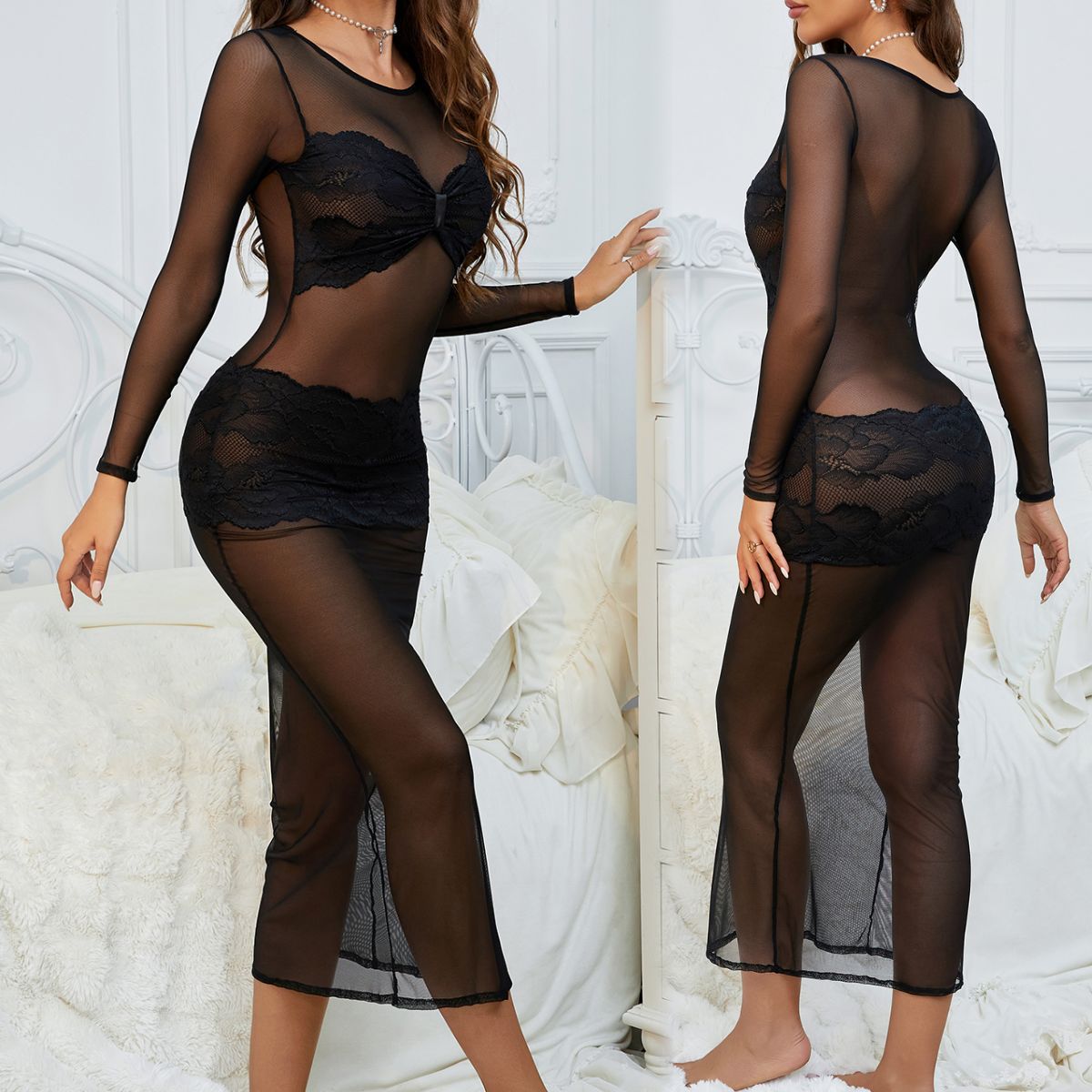 Sexy See-Through Mesh Bodysuit, Solid Color Nightgown, Transparent Thin Mesh Nightgown, Long-Sleeved Pajamas Manufacturer