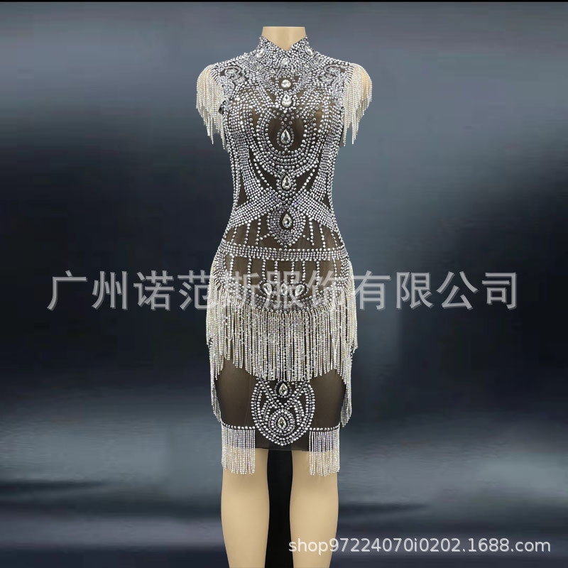 Clothing Supplier Flash Rhinestone Sexy Sequins Prom Gown Knee Sleeveless Beaded Tassel Evening Gown Elegant