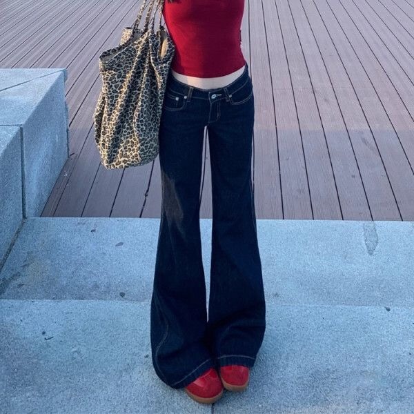 American Dark Blue Bootcut Jeans for Girls Autum New Denim Blue Low-Waist Loose Straight Wide-Leg Long Pants