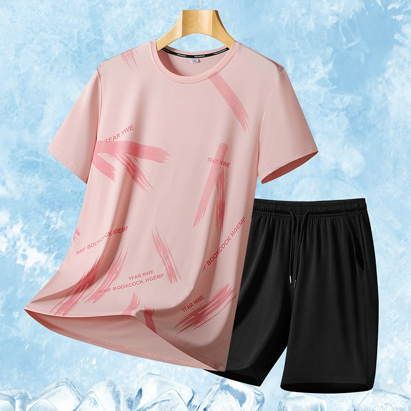 2025 nuevo traje de manga corta de seda de hielo real para hombre de verano, pantalones de dos piezas para hombre, traje de ocio deportivo, pareja al aire libre