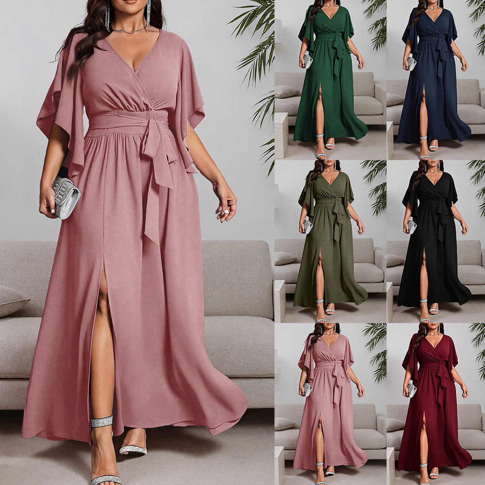 Plus-Size Dress with Criss-Cross V-Neck, Ruffled Short Sleeves, Side Slit, Tie-Up High Waist, Long Evening Dress, Plus-Size Gown