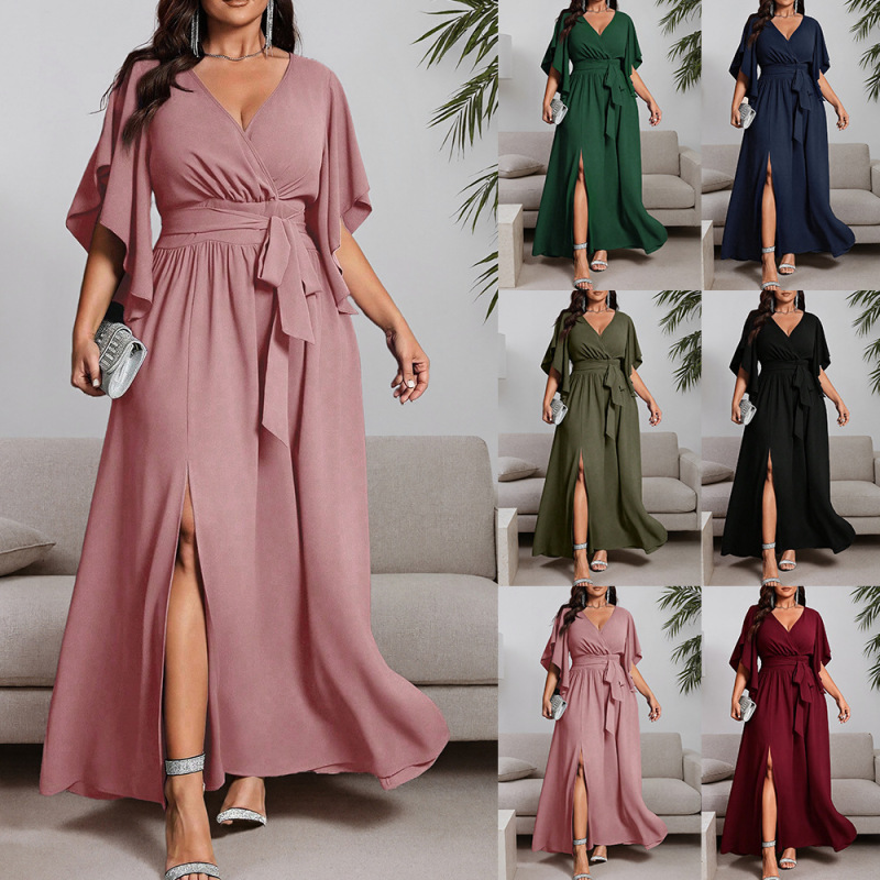 Plus-Size Dress with Criss-Cross V-Neck, Ruffled Short Sleeves, Side Slit, Tie-Up High Waist, Long Evening Dress, Plus-Size Gown