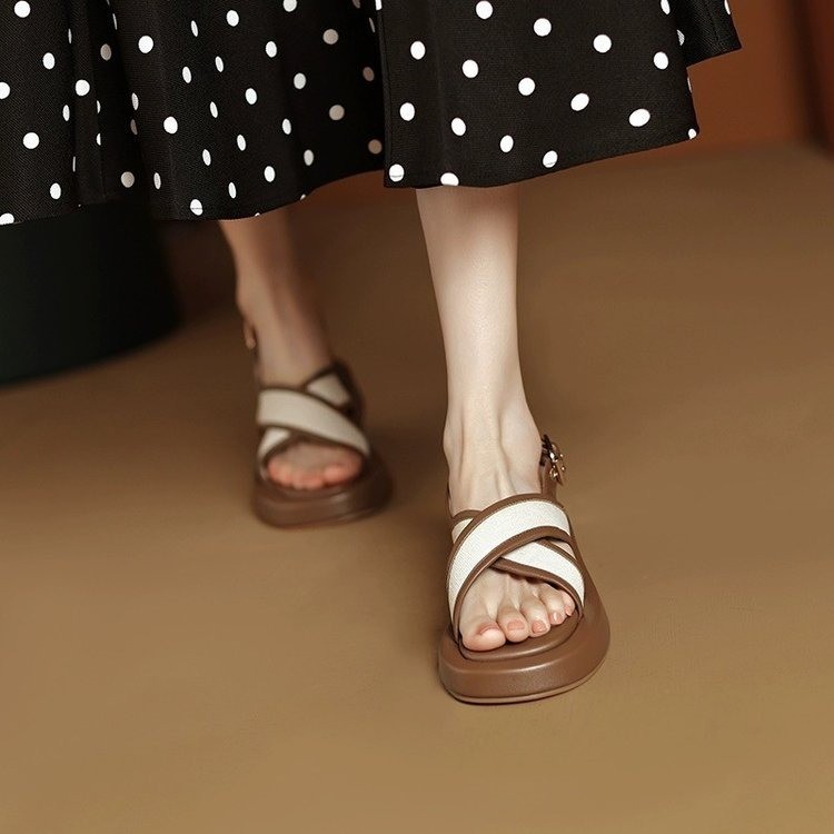 厚底罗马凉鞋女2024夏季新款法式复古拼色交叉带女鞋港风高级感