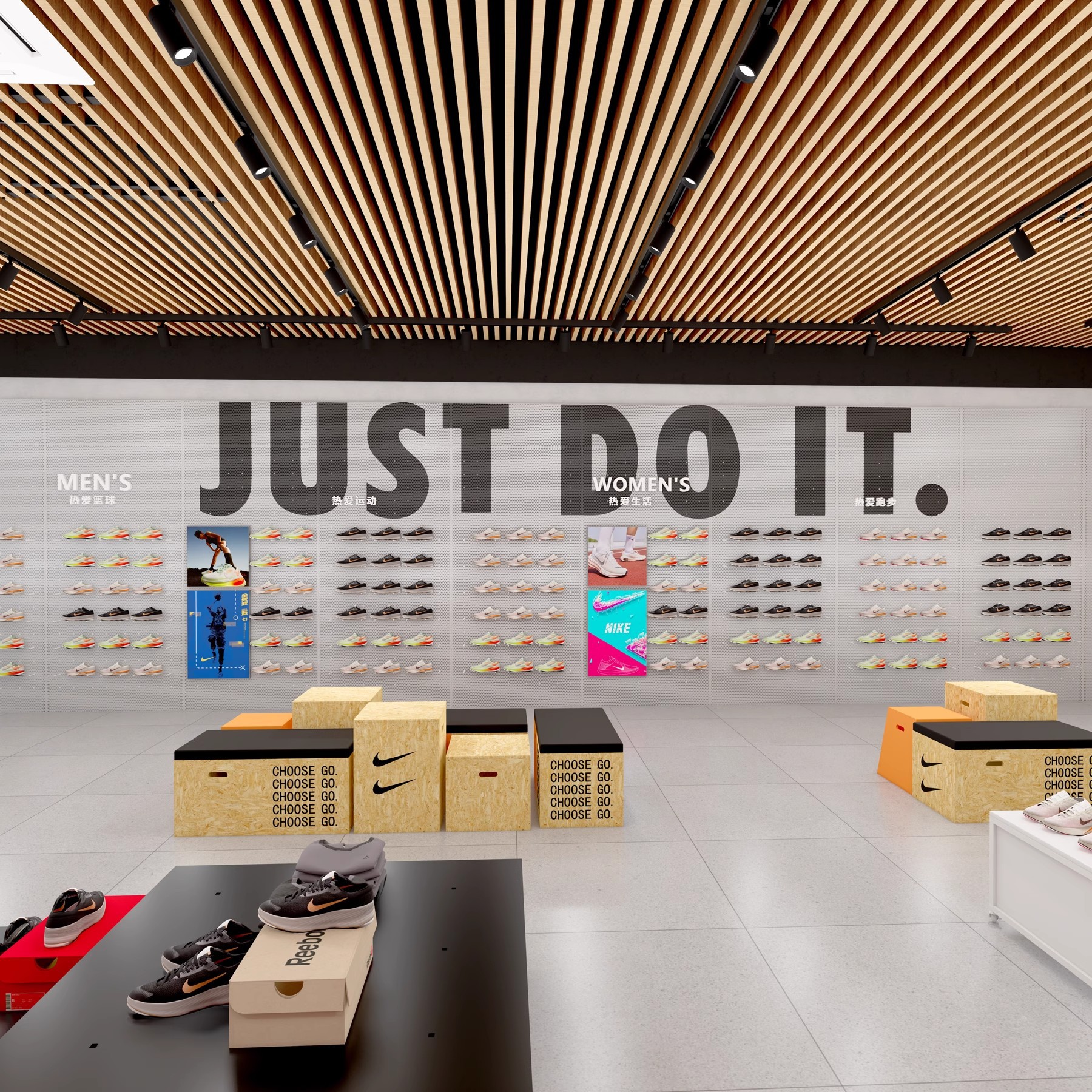 Estante de exhibición de artículos deportivos personalizado estante de exhibición deportiva marca de descuento tienda de zapatos y ropa estante de exhibición de pared