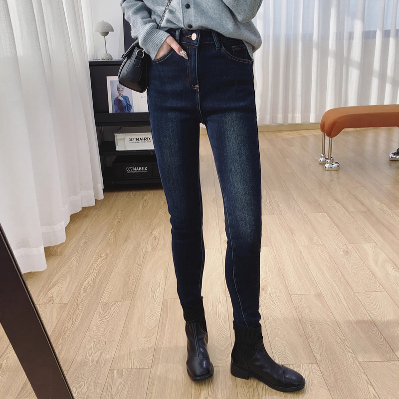 Pair with Boots and Skinny Pants! High-Waisted Slimming Thickened Fleece-Lined Skinny Jeans for Women, Pencil Pants for Autumn and Winter G120511