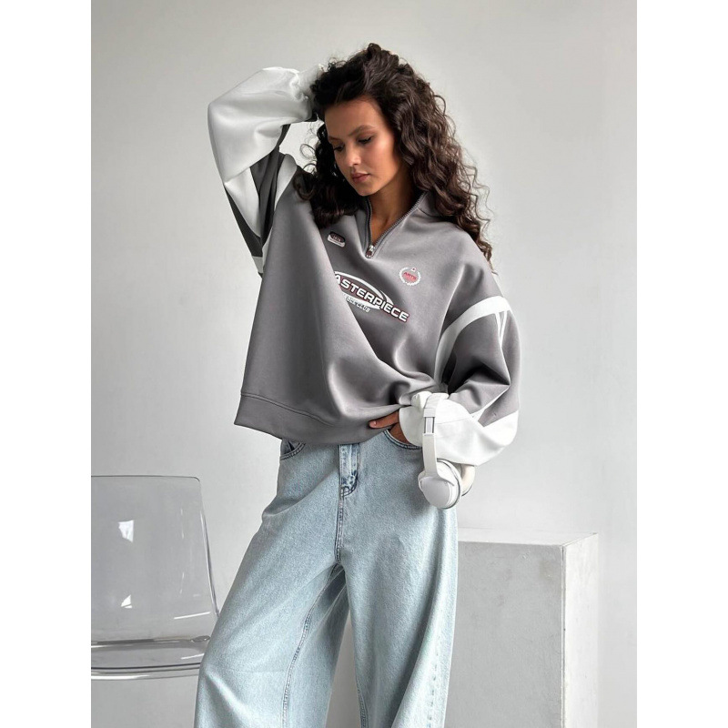 Felpa con stampa patchwork a righe laterali, stile street style, con mezza zip e lettere color block in stile americano_voghion.com