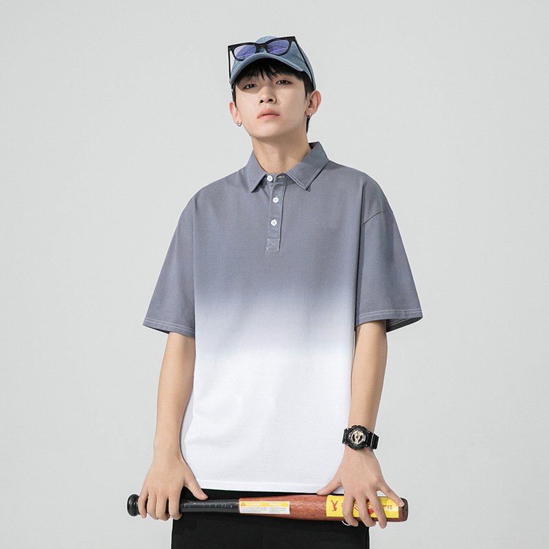 Summer New Loose Men's Short-sleeved Polo Shirt Grey Gradient mercerized Cotton Lapel T-shirt Men's Trendy Brand Men's Clothing