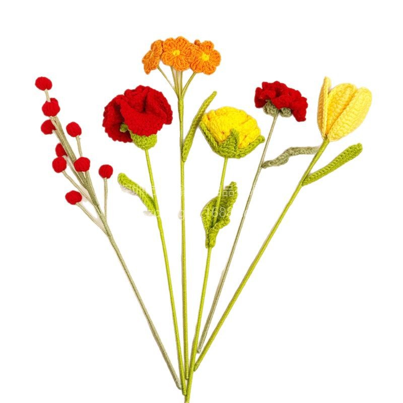 Tulip Not Forget Carnation Flor artificial Rosa Decoración del hogar Lana Ramo tejido de ganchillo hecho a mano Producto terminado
