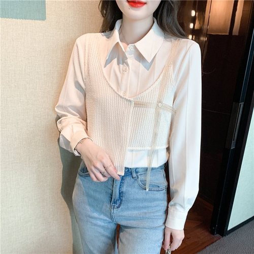 Design niche fake two-piece spliced ​​chiffon long-sleeved shirt for women 2024 spring new polo collar short top