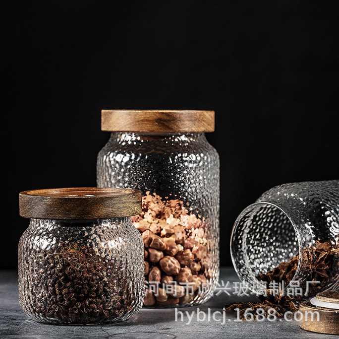 mayorista Acacia tanque de almacenamiento martillo transparente vidrio sellado lata de té sellado de té a prueba de humedad