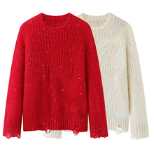 2025冬新品女装甜美马海毛珠片镂空笑脸织纹宽松针织毛衣4SWT005