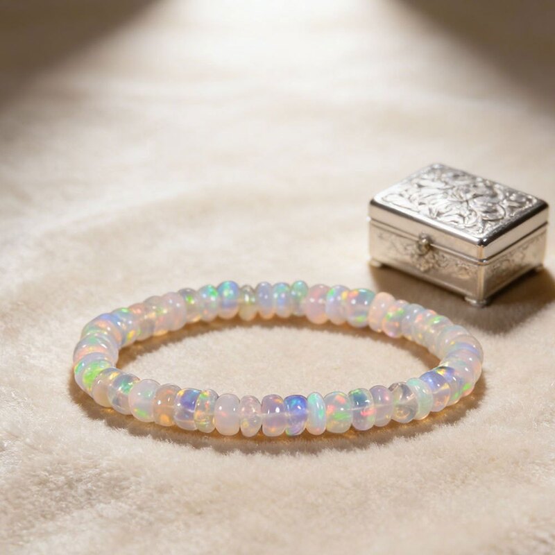 Natural Ethiopian Opal Bracelet with Stretchable Elastic Cord That Shines More Brightly in the Light Natural Ethiopian Opal Bracelet with Stretchable Elastic Cord That Shines More Brightly in the Light