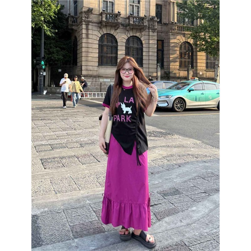 大码胖mm韩系拼接撞色字母短袖T恤女装夏季巨显瘦半身裙时尚套装|undefined