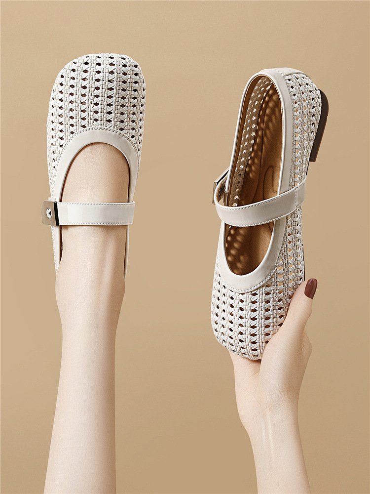 Dép sandal nữ da thật dệt rỗng mũi tròn đế bệt quai chữ V — 6057 Màu cà phê, 6057 Màu be chi tiết 16