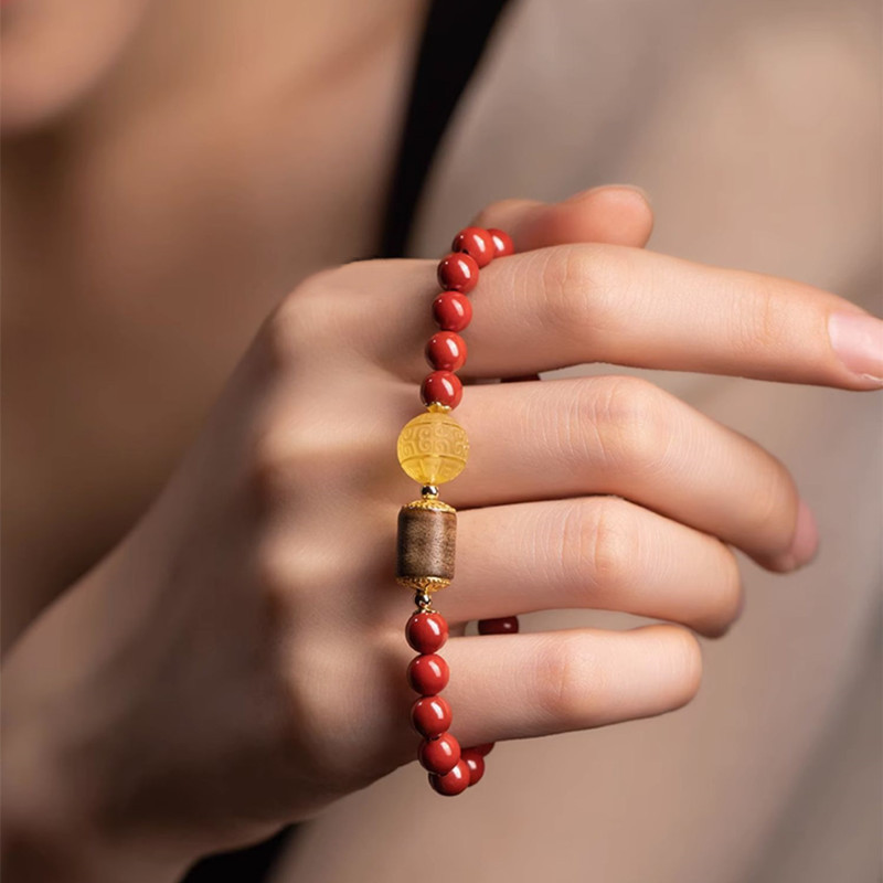 Raw ore cinnabar 6/8mm with beeswax grain beads agarwood hand string bracelet women's birth year Chinese style