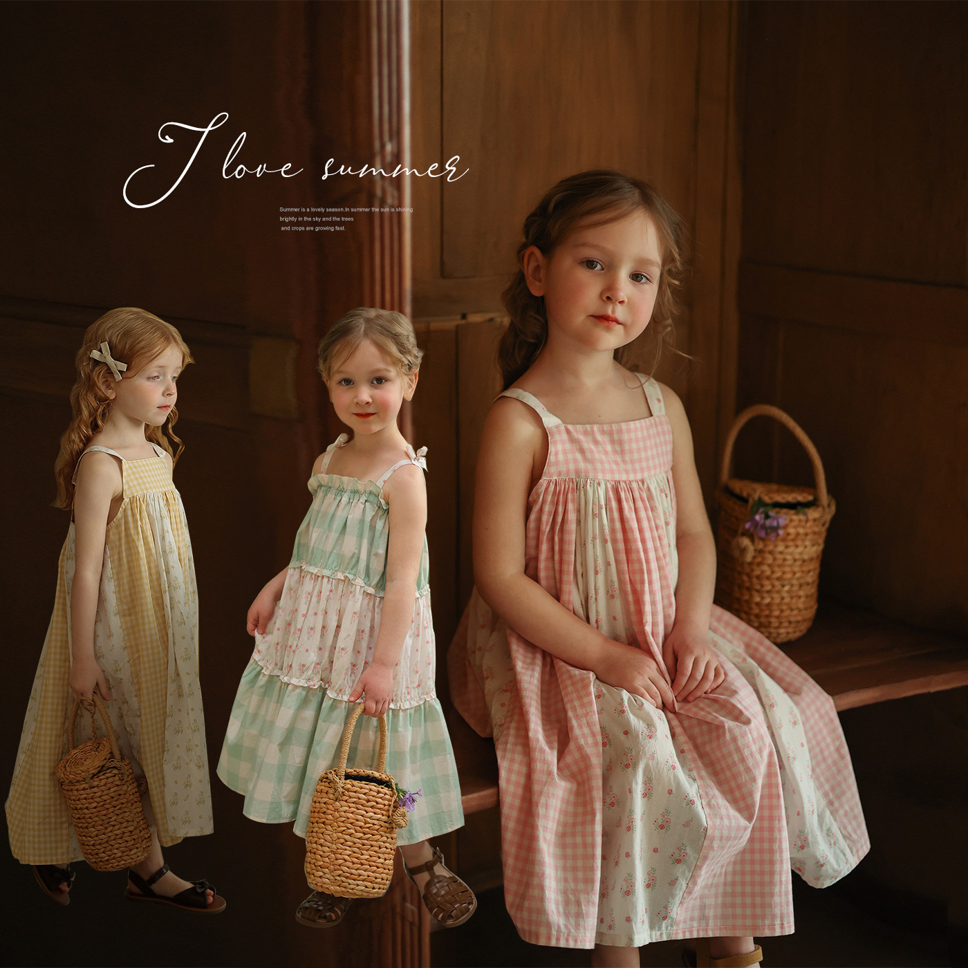 Children's Wear Children's Plaid dress 2025 Summer Girls' Pastoral Floral Patchwork Korean Style Slip Skirt