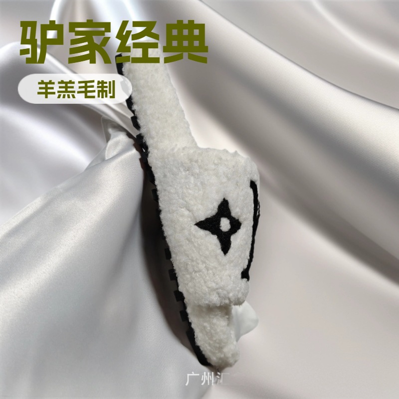 L家字母毛毛拖鞋女时尚外穿露趾加绒加厚Y标跨境棉拖鞋居家百搭
